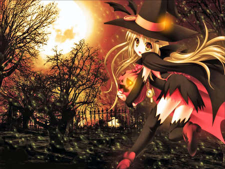 Time To Trick-Or-Treat! - witch, trich-or-treat, anime girl, harvest moon, halloween