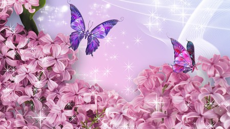 Pink Lilacs - silk, netting, lavender, blue, butterflies, spring, pink, stars, firefox persona, flowers, shine