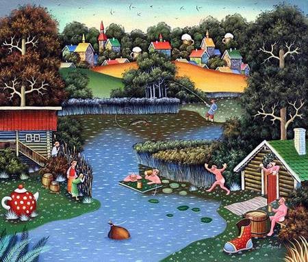 Sergei Adeev. Enjoy Your Bath - bath, sergei adeev, river, painting, art