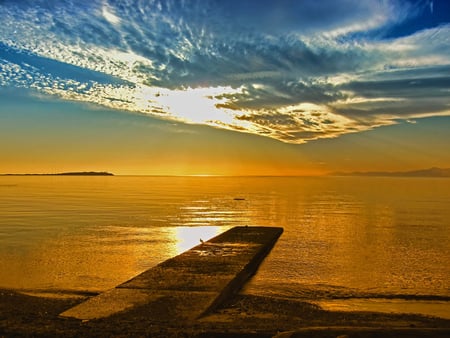 Sunset - summer, beach, landscape, photo, reflection, shore, golden, sky, sun, clouds, water, image, photography, sea, beauty, gold, ocean, glow, glowing, nature, sunset, waves, background, seascape, bay