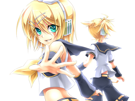 vocaloid - short hair, rin, headphones, head ban, blonde hair, len, blue eyes