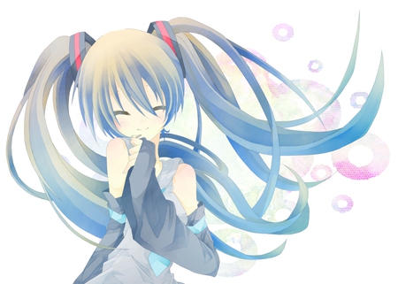 Hatsune Miku - aqua, music, anime girl, white, art, cool, aqua eyes, artistic, hatsune miku, song, vocaloids, program, vocaloid, beautiful, pink, blush, diva, nice, beauty, twintail, singer, aqua hair, black, bubbles, virtual, pretty, idol, anime, miku, cute, girl, closed eyes, cg, hatsune, digital, awesome