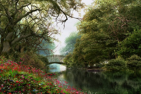 A place to Meditate - flowers, water, tranquil, pretty idyllic, tree, sky, bridge