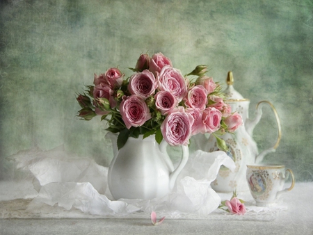 Still Life - beauty, roses, photography, pink rose, rose, still life, with love, white, teapot, pretty, petals, romance, pink roses, for you, lovely, cup, nature, romantic, beautiful, pink, flowers, colors