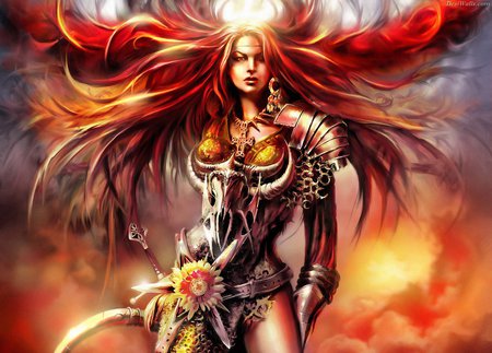 Blood Mage - woman, female, girl, warrior, blood, phoenix, fire, red, anime, crimson