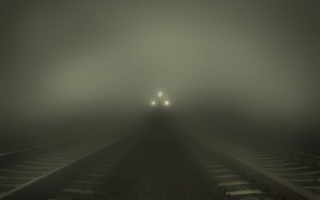 through the fog - abstract, locomotive, tracks, fog, photography, vehicle, dark, train, lights, mist, rain