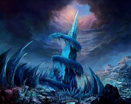 Frozen Wasteland - ice, fantasy, frozen, dragon, blue, wasteland