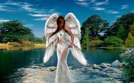 Angel - girl, angel, wings, fantasy, nature, white, art, abstract, blue, beautiful, river, scenery, digital, tree