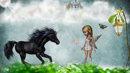 Dreamworld - clouds, pixie, grass, mythical, firefox persona, imagination, horse, lantern, fantasy, fairy, unicorn, castle, sky