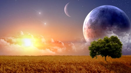 Purple Horizon - horizon, sun, shine, amazing, purple, pretty, clouds, corn, tree, planet, moon, fields, stars, space, stunning, abstract, beautiful, meteors