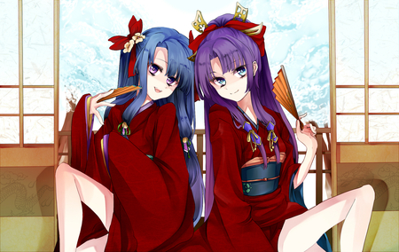 Original - kimono, aqua eres, long hair, purple eyes, head band, japanese clothes, 2girls, blue hair, purple hair