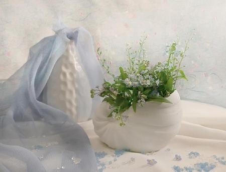 Still Life - white, chiffon, blue, green, shell, flowers, vase