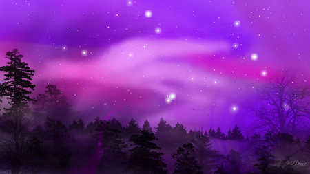 Purple Aurora - sky, aurora borealis, trees, mountains, bright, purple, pink, northern lights, firefox persona