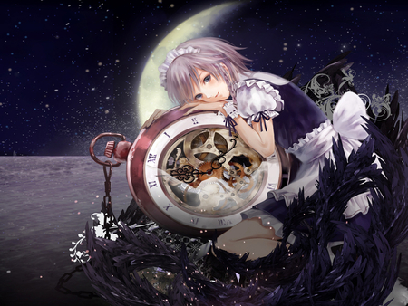 anime girl - moon, ciel, dress, clock, night, long hair, stars, purple eyes, flowers, aqua, purple hair