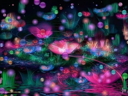 FAIRY BUBBLES - bubbles, flowers, colorful, reflection