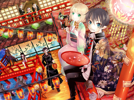 anime - green eyes, yelow hair, blue eyes, kimono, black hair, festival