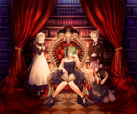 vocaloid - luka, miku hatsune, green eyes, rin, kagamine, red, uniform, green hair, dress