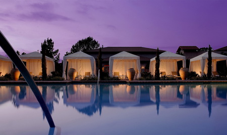 Spa on the river border - trees, cabins, confort, river, reflected, spa, soft light, relax, border