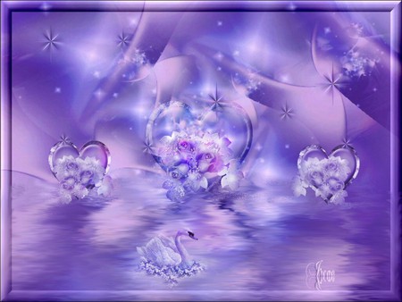 PURPLE SWAN - flowers, hearts, purple, swan