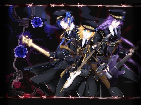 vocaloid - flowers, rin, black, kaito, guitars, uniform, luka