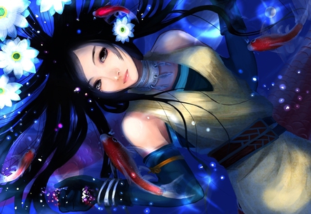 Floating In The Flowers - sexy, girl, water, pretty, cool, blue, anime, ninja, cute