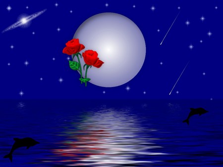 TRANQUILITY - moon, stars, sky, ocean, roses, night, tranquility, reflection, red, dolphins