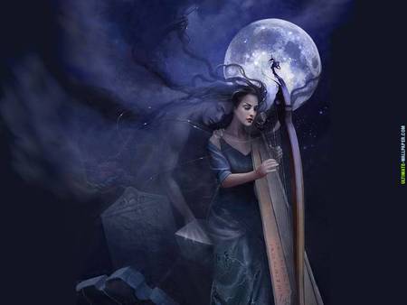 Musician - moon, music, harp, fantasy, woman