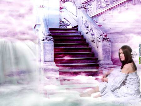 Woman near staircase - staircase, waterfalls, fantasy, woman, girl