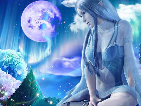 Fantasy in blue - woman, moon, fantasy, blue