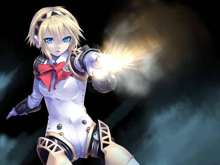 Aegis - persona 3, blonde hair, persona, robot, aegis, shin megami tensei, ribbon, persona 3 portable, android, video game, blue eyes