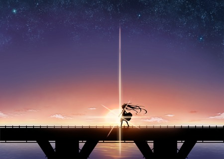 Sunset - virtual, miku, digital, vocaloids, song, bridge, singer, purple, cool, awesome, vocaloid, anime, twintail, cg, aqua hair, horizon, hatsune, black, cute, beautiful, girl, anime girl, white, program, aqua eyes, artistic, pretty, aqua, beauty, dress, art, diva, nice, orange, idol, music, hatsune miku