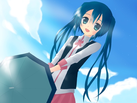 Hatsune Miku - virtual, miku, digital, vocaloids, song, uniform, singer, red, cool, pink, awesome, vocaloid, anime, twintail, cg, clouds, skirt, aqua hair, hatsune, black, cute, beautiful, girl, anime girl, umbrella, white, bow, program, aqua eyes, artistic, pretty, aqua, beauty, art, diva, sky, nice, idol, music, hatsune miku