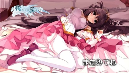 Watari Asuka - skirt, bed, tiara, long hair, pillows, anime girl, stockings, watari asuka, brown hair, oretach ni tsubasa wa nai, asuka, anime, brunette, cute, black eyes, shoes