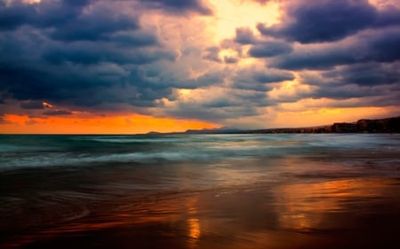 Beautiful Sunset - colour, town, beach, splendor, reflection, sand, view, sky, storm, clouds, water, beautiful, sea, stormy, city, beauty, colors, lovely, orange, ocean, colorful, nature, sunset, waves, weather, peaceful