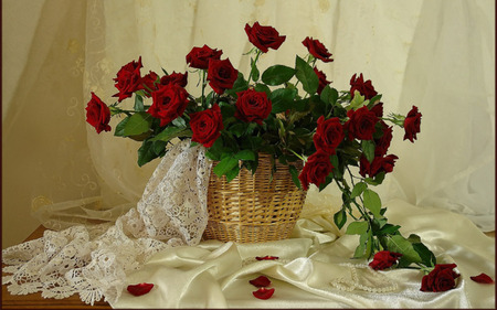 still life - pretty, elegantly, roses, jewels, photo, flowers, red, nice, silk, delicate, pearls, beautiful, photography, beauty, lace, lovely, cool, still life, flower, bouquet, harmony, basket, rose