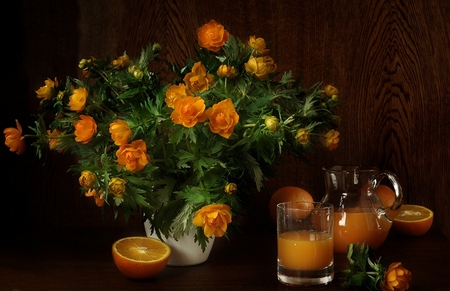 Still life - glass, photography, still life, lovely, vase, juice, nature, pretty, beautiful, orange, flowers, colors