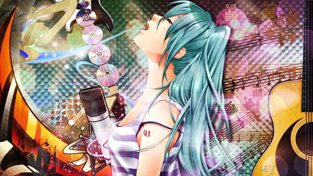 Miku Color - disk, pretty, multicolor, female, maiden, guitar, nice, women, abstract, tattoo, hot, beauty, cd, lady, green, cute, sexy, vocaloid, anime, dress, hatsune miku, green hair, long hair, music notes, color, notes, idol, anime girl, dvd, beautiful, singer, girl, sweet, colorful, miku, diva, woman, aqua hair, vocaloids