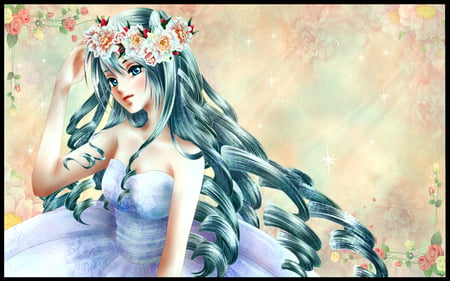 Maiden - pretty, anime, vocaloid, yellow, female, blue, maiden, dress, hatsune miku, green hair, long hair, nice, abstract, anime girl, green eye, hot, girl, sweet, flower, miku, green, cute, sexy, vocaloids