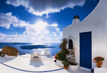 Mediterranean Blue - beauty, sky, building, sun, water, place, nature, tranquility, white, mediterranean, relaxation, blue, flowers, particularly