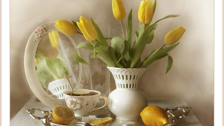 flowers - pearl, vase, yellow, tulips