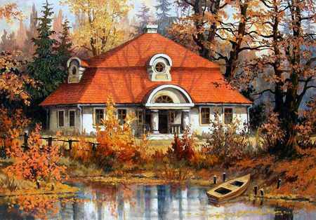 Stanislaw Wilk - cottage, nature, painting, stanislaw wilk, art, tree