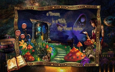 DREAMS - mushrooms, dreams, elf, fairy, flowers