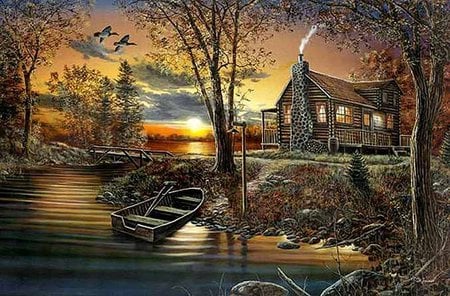 Jim Hansel - cottage, painting, art, jim hansel, river, sunset