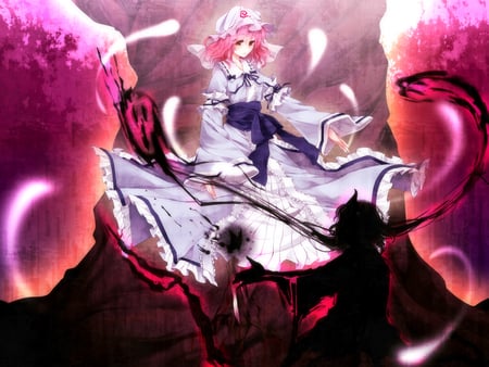 Touhou - hat, saigyouji yuyuko, short hair, dress, pink hair, red eyes