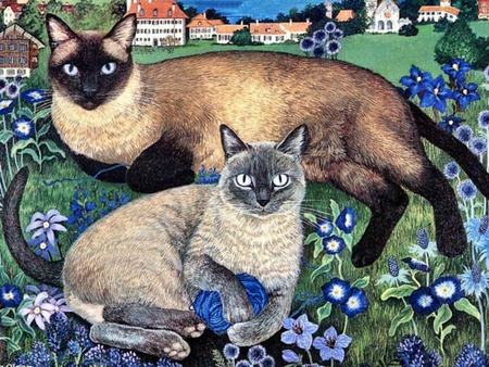 Cats in garden * Mimi Vang Olsen - art, cat, painting mimi vang olsen, animal, garden, kitten, flower