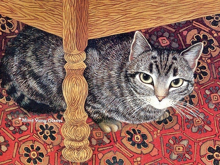 Cat down table * Mimi Vang Olsen - art, cat, painting mimi vang olsen, animal, kitten