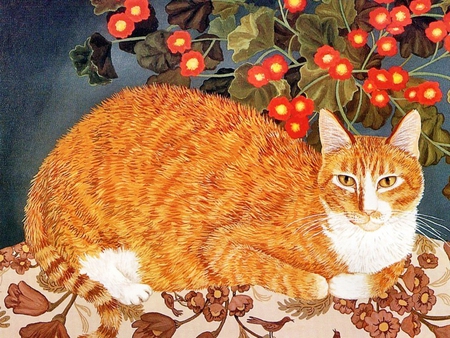 Cat and red flowers * Mimi Vang Olsen - animal, painting mimi vang olsen, kitten, flower, art, cat