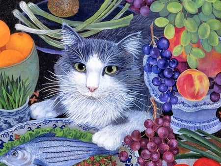 Cat and fruits * Mimi Vang Olsen - cat, mango, kitten, fruit, art, painting mimi vang olsen, orange, grape, fish, animal, apple