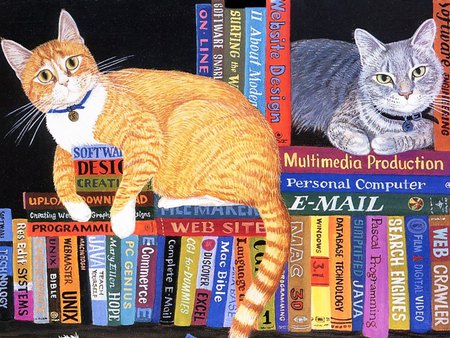 Cats on books * Mimi Vang Olsen - library, art, cat, painting mimi vang olsen, animal, book, kitten