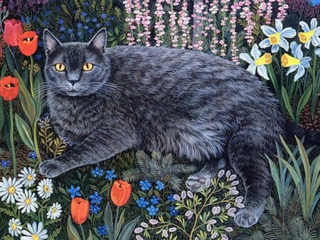 Cat in garden, * Mimi Vang Olsen - art, cat, painting mimi vang olsen, animal, garden, kitten, flower